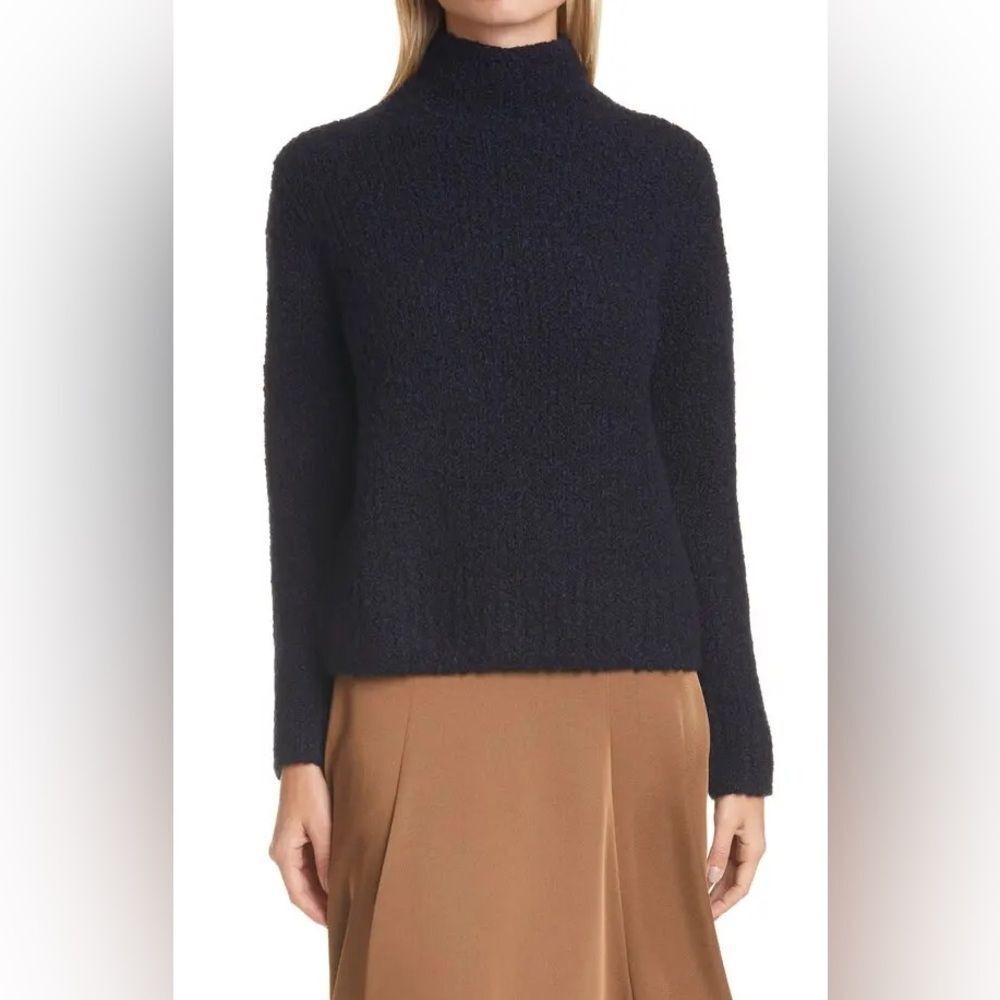 VINCE Textured Navy Blue Wool Cashmere Blend Minimalist Funnel Neck Sweater